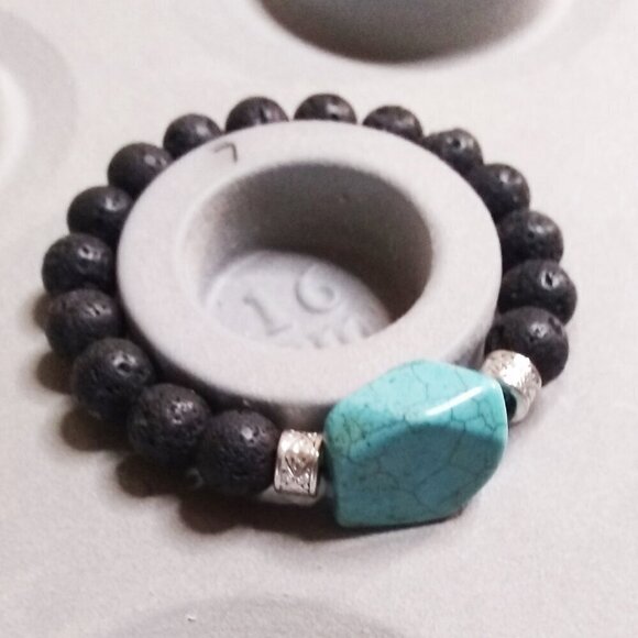 Turquoise Howlite & Black Lava Rock Bracelet! Thick, Solid & Chunky Stone Beads - Picture 4 of 8